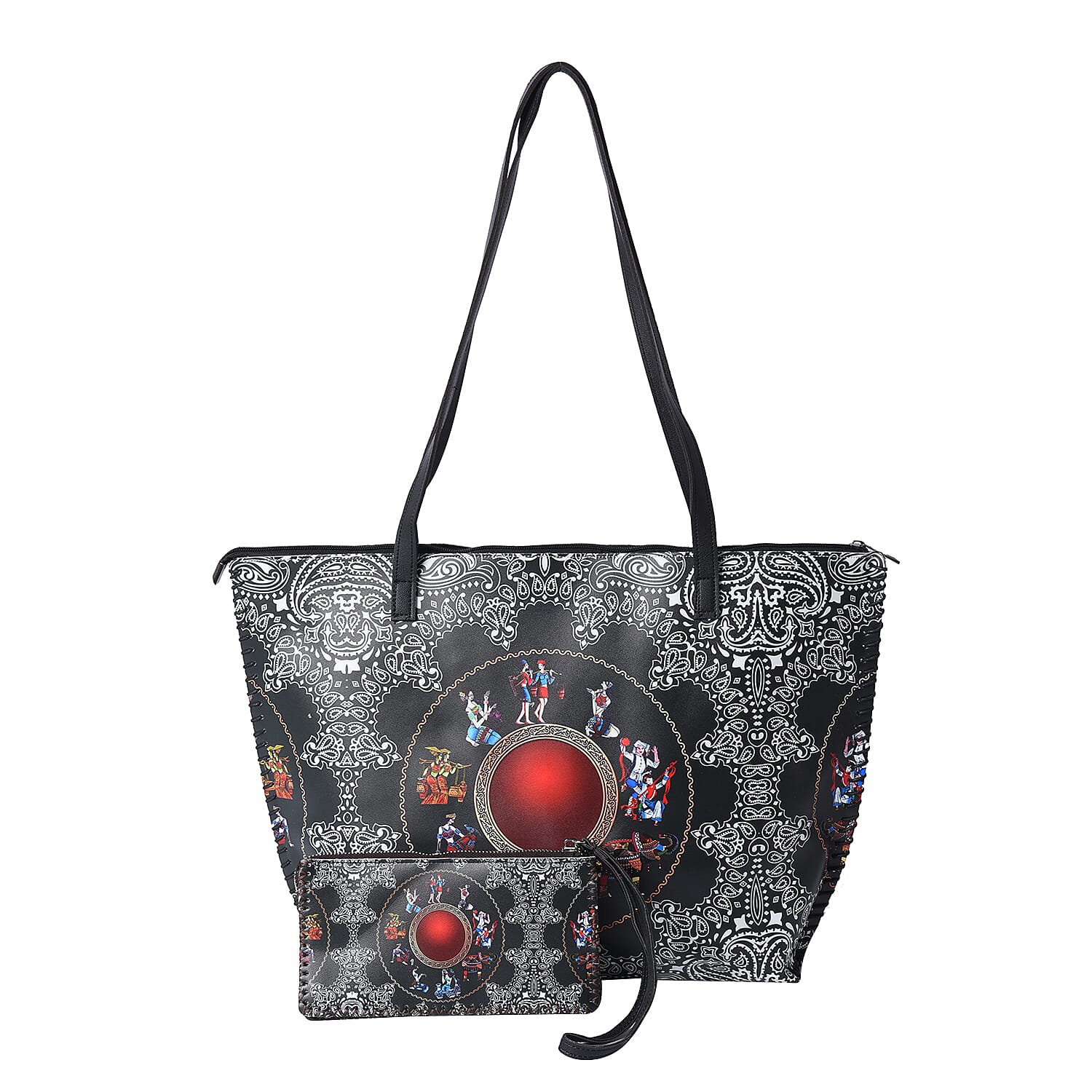 2 Piece Set - Ancient Pattern Tote Bag (45x9x33cm) and Clutch Bag (20x10cm) - Dark Green