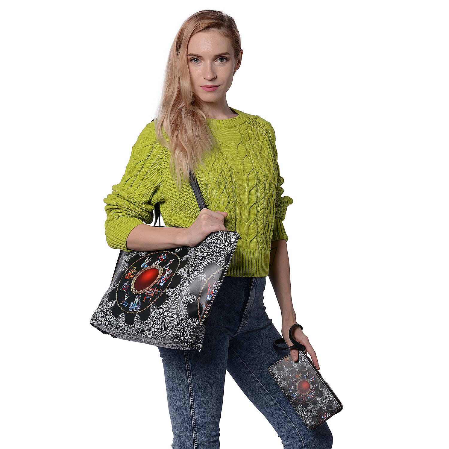 2 Piece Set - Ancient Pattern Tote Bag (45x9x33cm) and Clutch Bag (20x10cm) - Dark Green