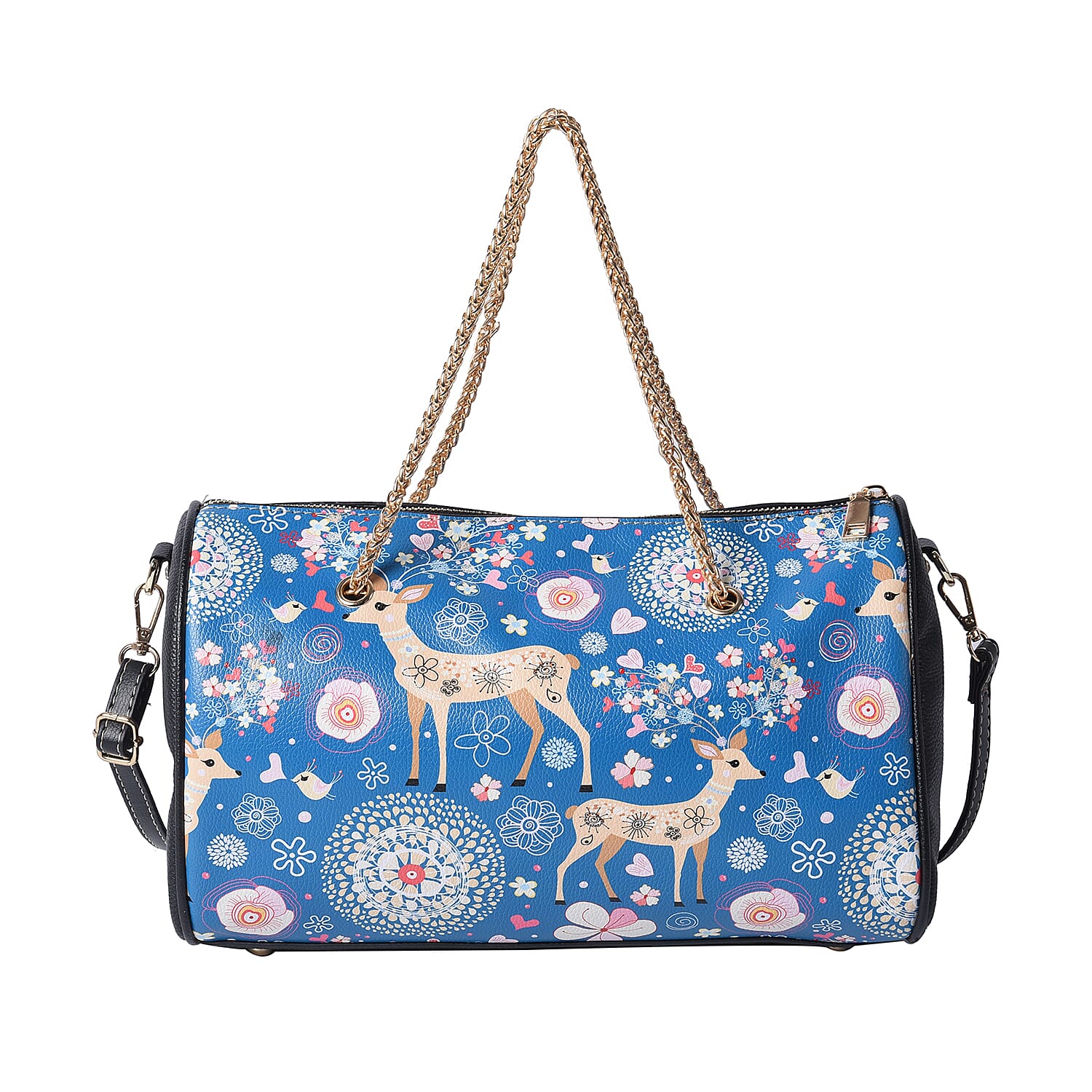 Deer Pattern Crossbody Bag with Metallic Chain Handle Drop and Adjustable Shoulder Strap (30x14x18cm) - Blue
