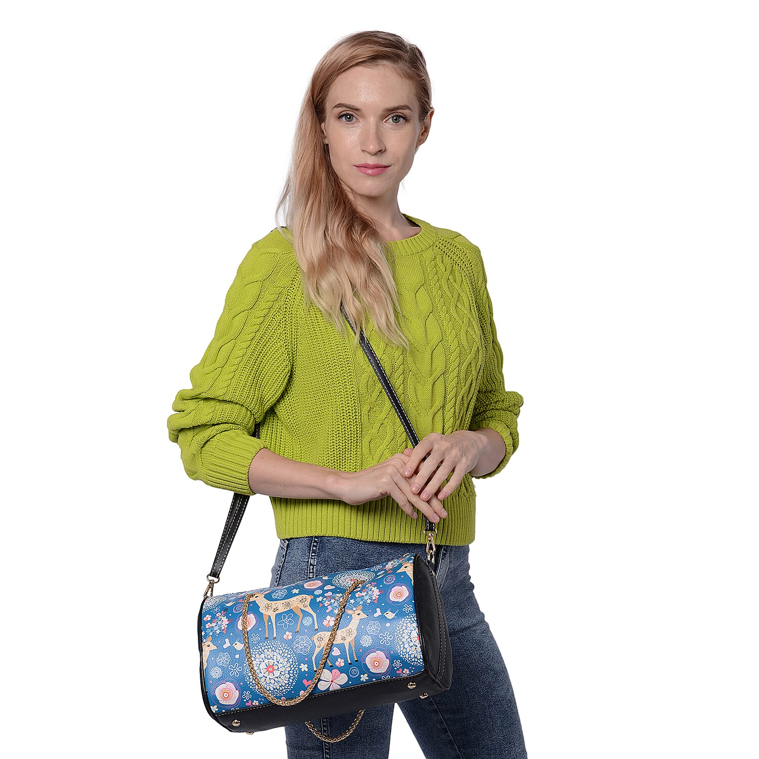Deer Pattern Crossbody Bag with Metallic Chain Handle Drop and Adjustable Shoulder Strap (30x14x18cm) - Blue