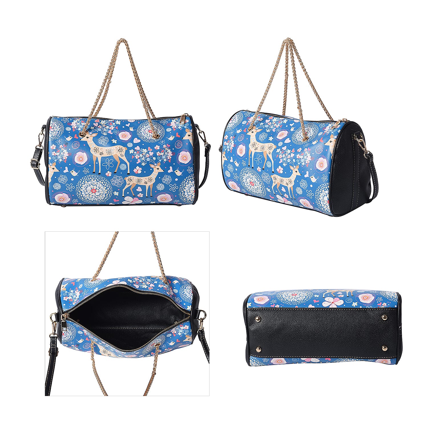 Deer Pattern Crossbody Bag with Metallic Chain Handle Drop and Adjustable Shoulder Strap (30x14x18cm) - Blue