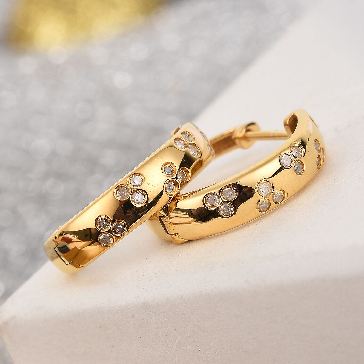 Diamond Hoop Earrings (with Clasp) in 14K Gold Overlay Sterling Silver 0.25 Ct.