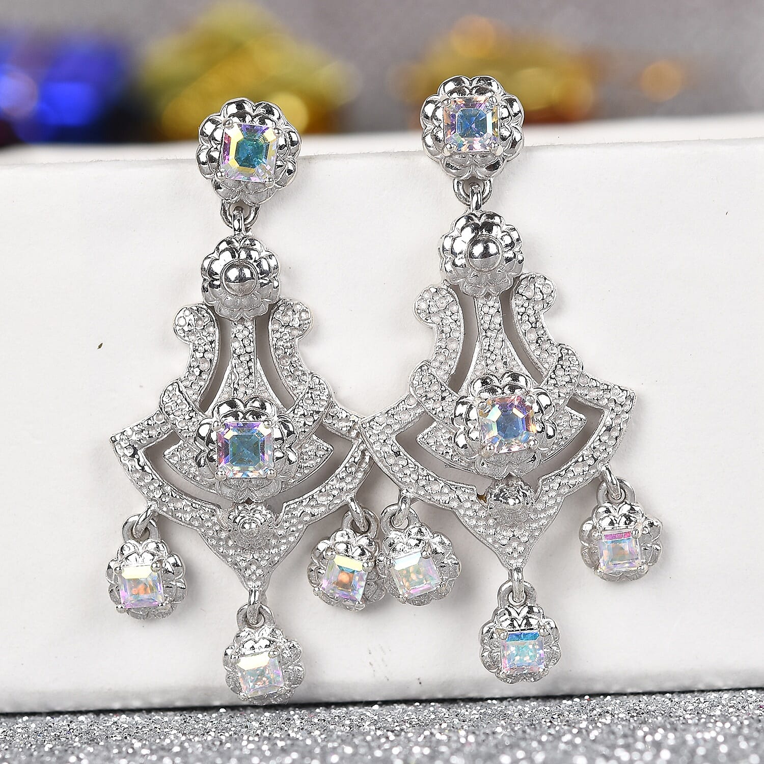 Mercury Mystic Topaz Chandelier Earrings in Platinum Overlay Sterling Silver 2.90 Ct, Silver wt 8.62 Gms