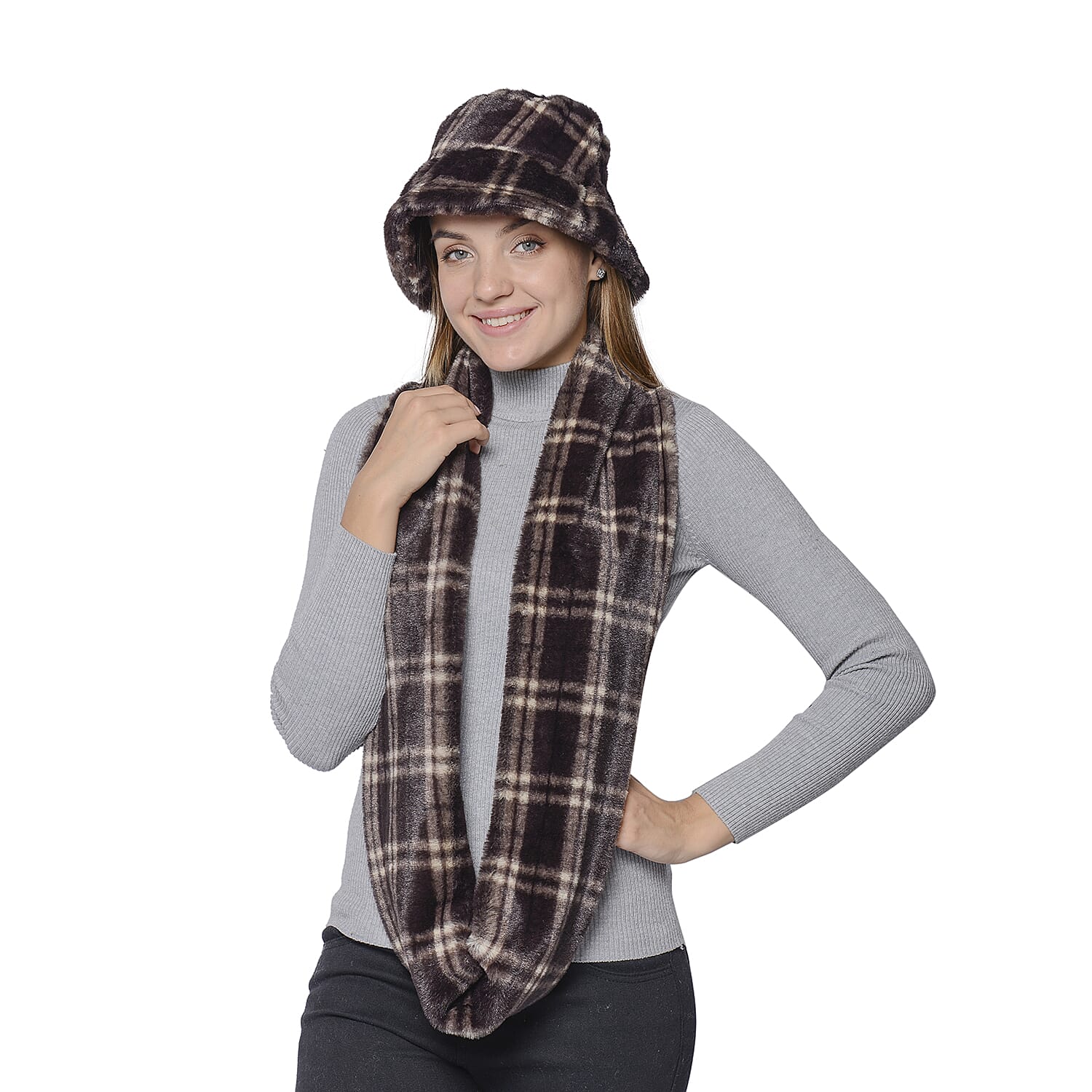 2 Piece Set - Plaid Pattern Faux Fur Hat (70x20cm) and Scarf (16x160cm) - Dark Chocolate Colour