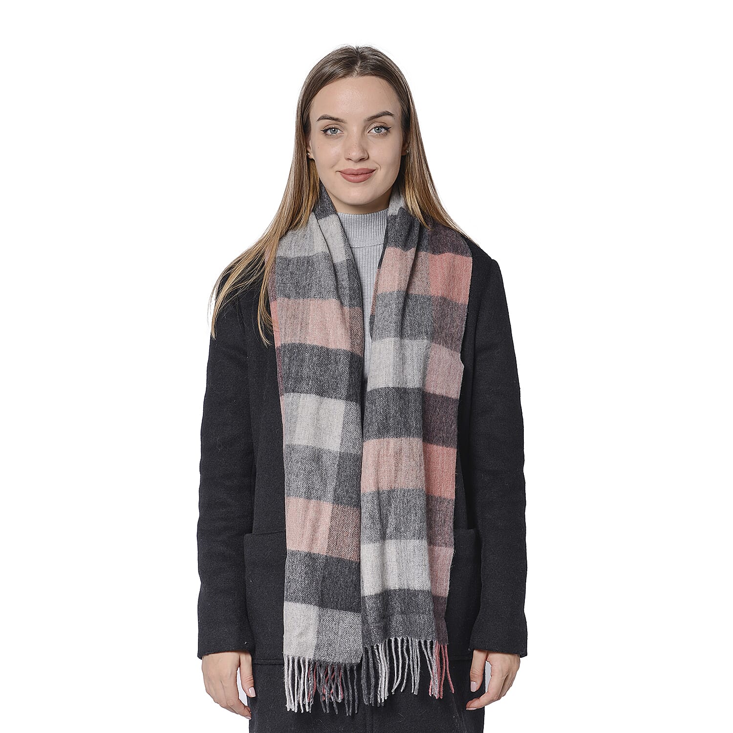 Plaid Pattern Wool Scarf with Fringes (Size 30x170+8cm) - Black, Pink and Grey