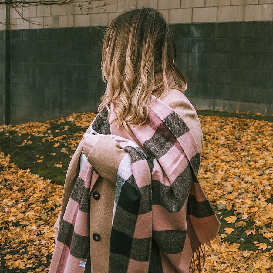 Plaid Pattern Wool Scarf with Fringes (Size 30x170+8cm) - Black, Pink and Grey