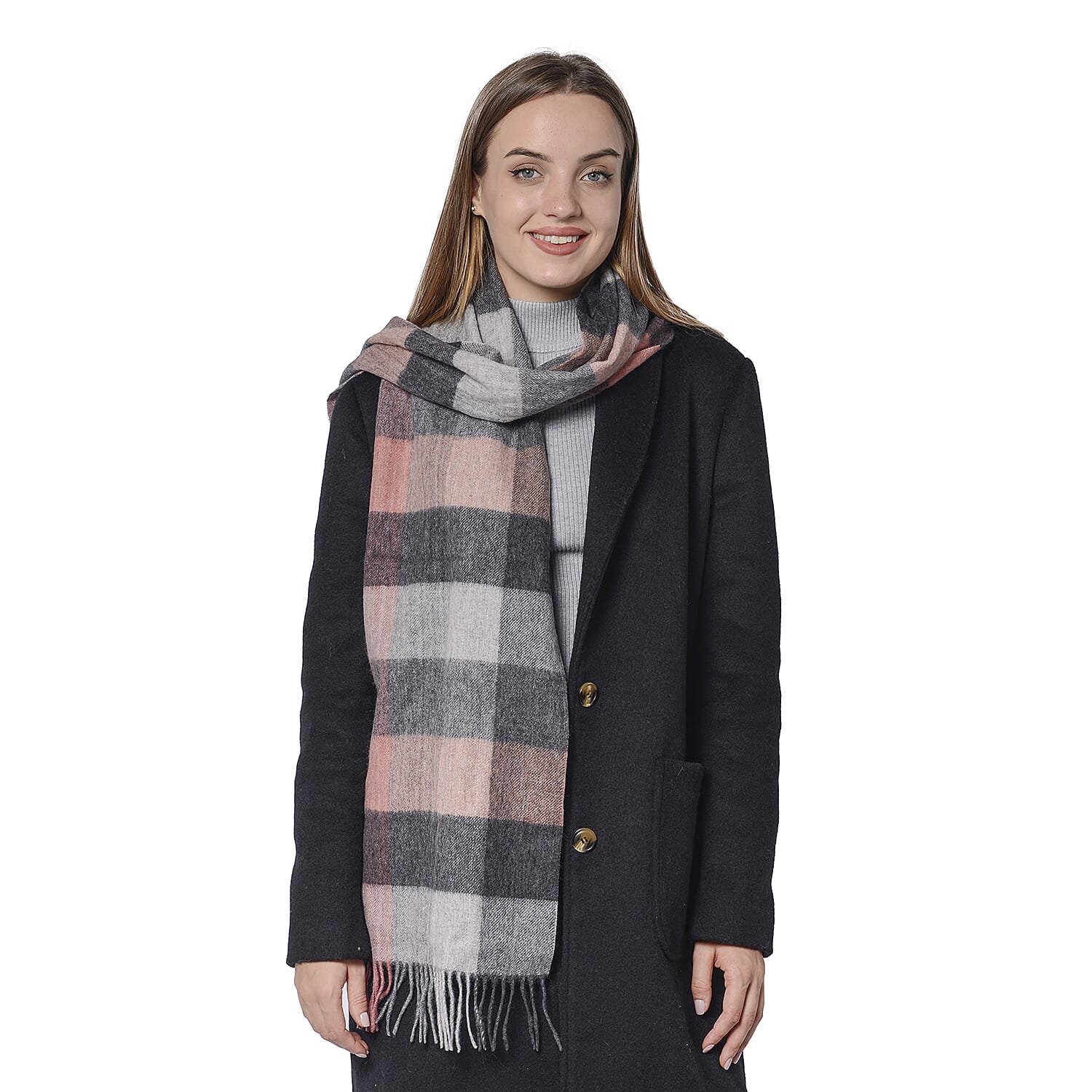 Plaid Pattern Wool Scarf with Fringes (Size 30x170+8cm) - Black, Pink and Grey