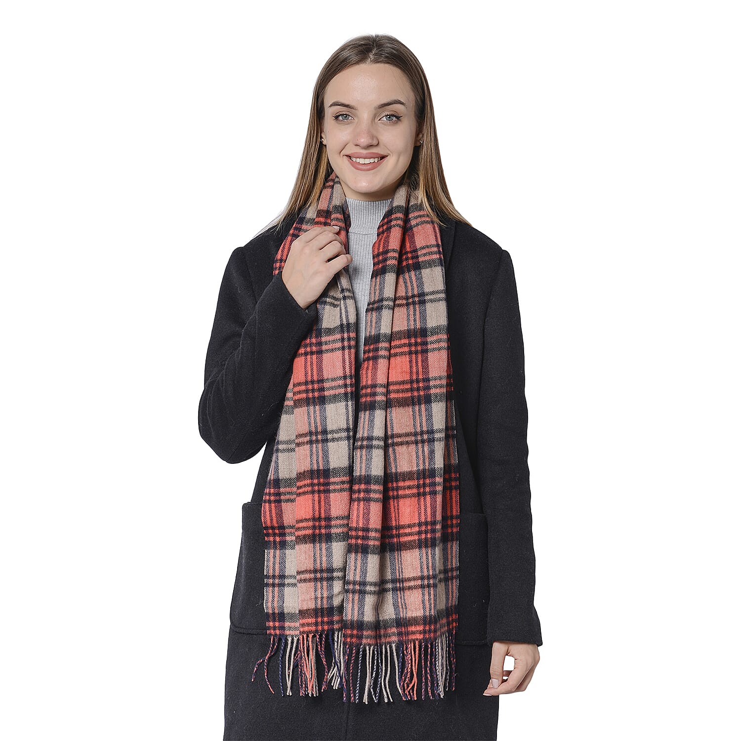 Plaid Pattern Wool Scarf with Fringes (Size170x30 Cm) - Grey and Red