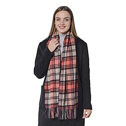 Plaid Pattern Wool Scarf with Fringes (Size 30x170+8cm) - Grey and Red