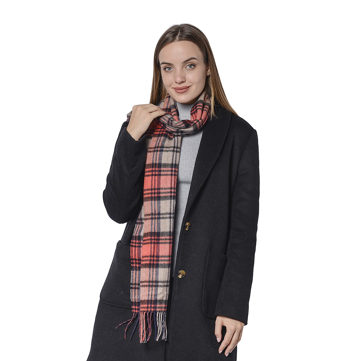Plaid Pattern Wool Scarf with Fringes (Size170x30 Cm) - Grey and Red