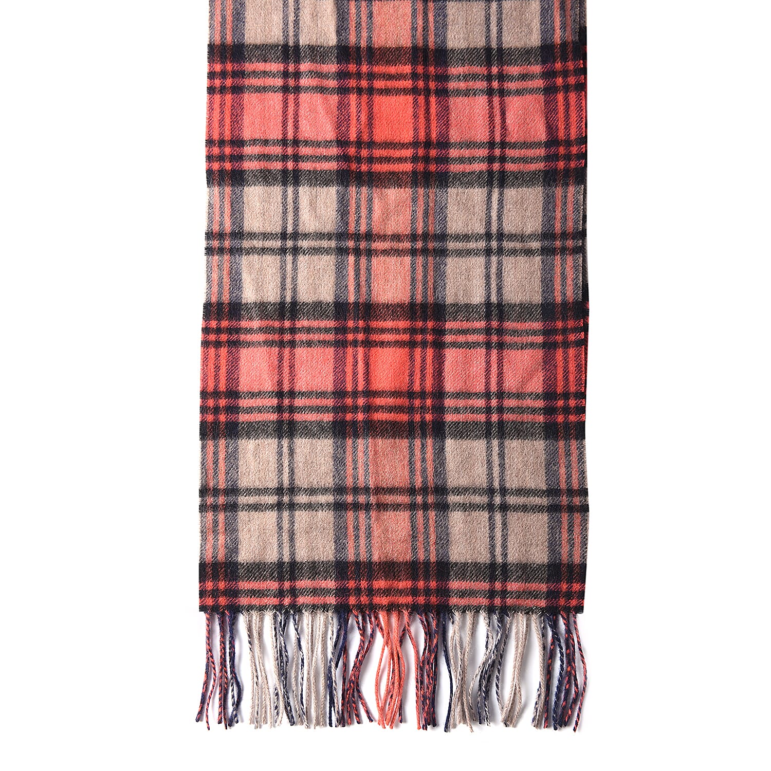 Plaid Pattern Wool Scarf with Fringes (Size170x30 Cm) - Grey and Red