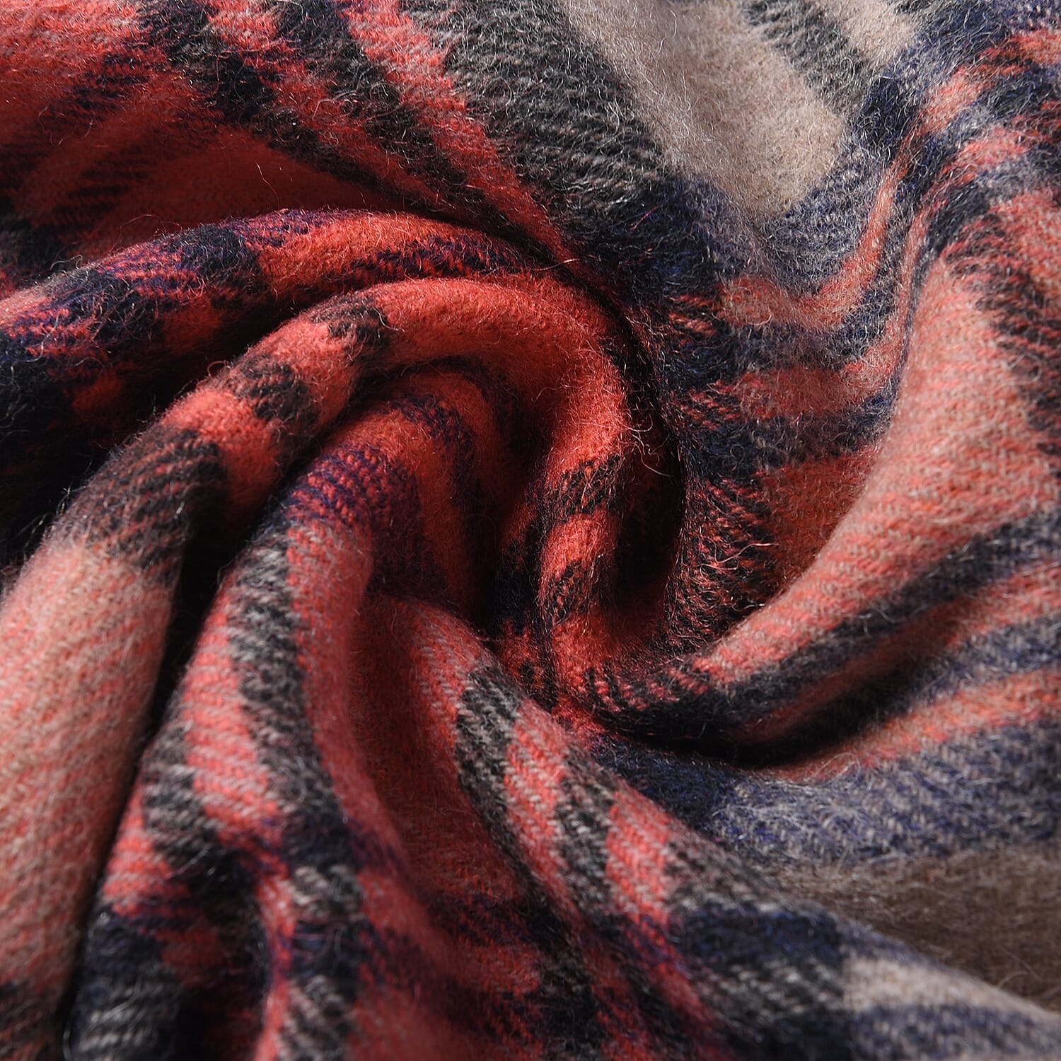 Plaid Pattern Wool Scarf with Fringes (Size170x30 Cm) - Grey and Red