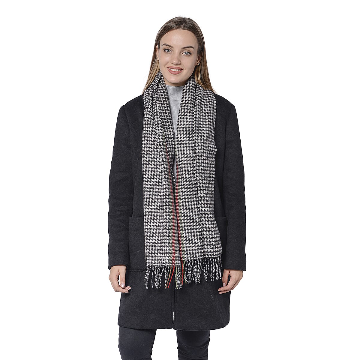 Plaid Pattern Wool Scarf with Fringes (Size 30x170+8cm) - Black, Pink and Grey