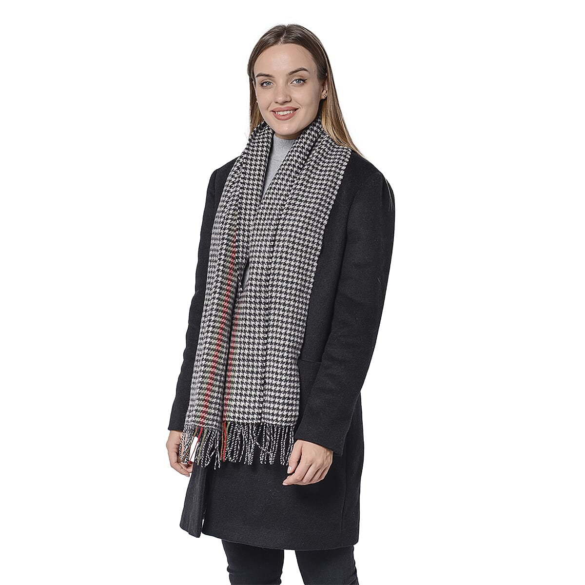 Plaid Pattern Wool Scarf with Fringes (Size 30x170+8cm) - Black, Pink and Grey