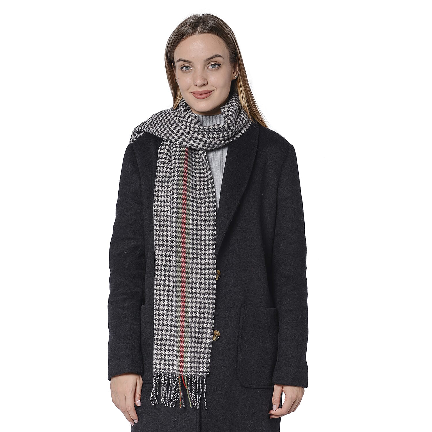 Plaid Pattern Wool Scarf with Fringes (Size 30x170+8cm) - Black, Pink and Grey