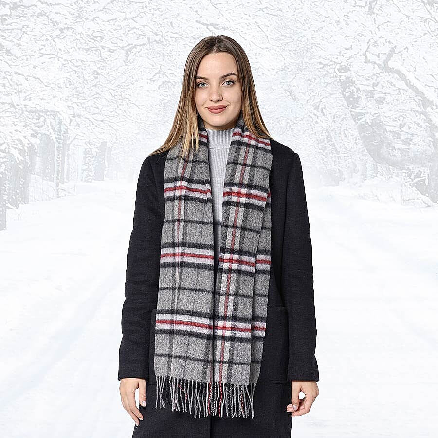 Plaid Pattern 97% Wool Scarf with Fringes (Size 30x170+8cm) - Grey and Red