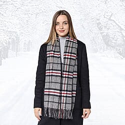 Plaid Pattern 97% Wool Scarf with Fringes (Size 30x170+8cm) - Grey and Red