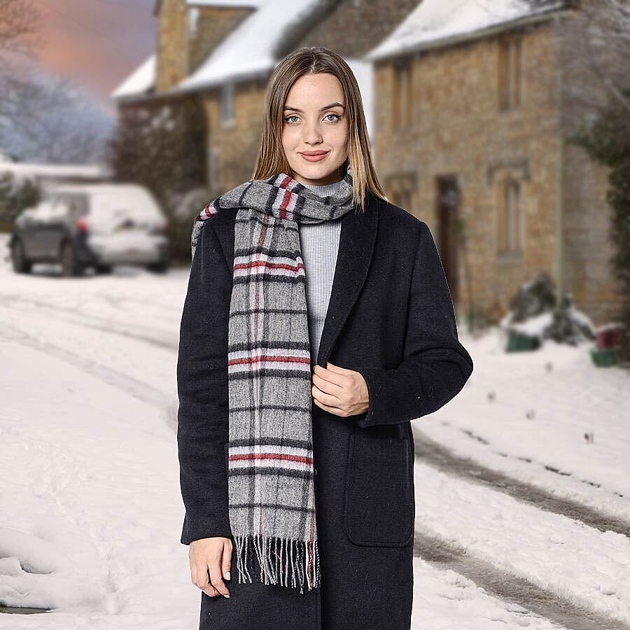 Plaid Pattern 97% Wool Scarf with Fringes (Size 30x170+8cm) - Grey and Red
