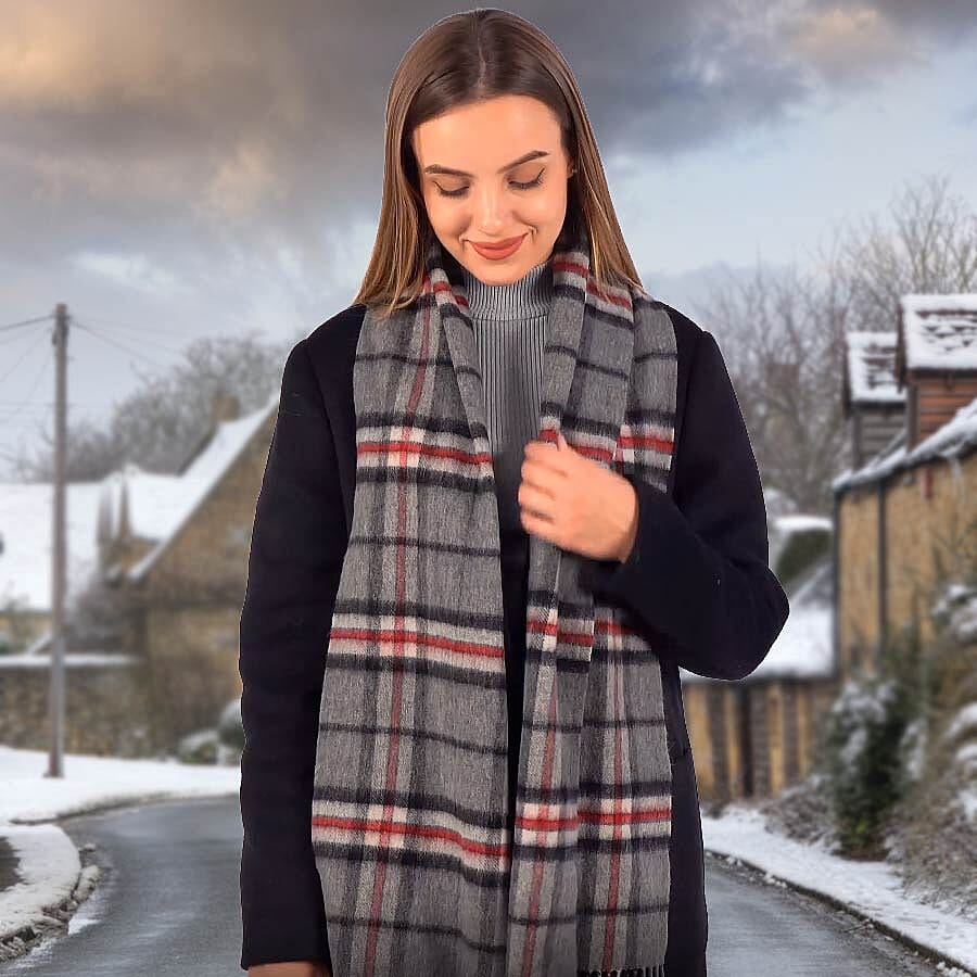 Plaid Pattern 97% Wool Scarf with Fringes (Size 30x170+8cm) - Grey and Red