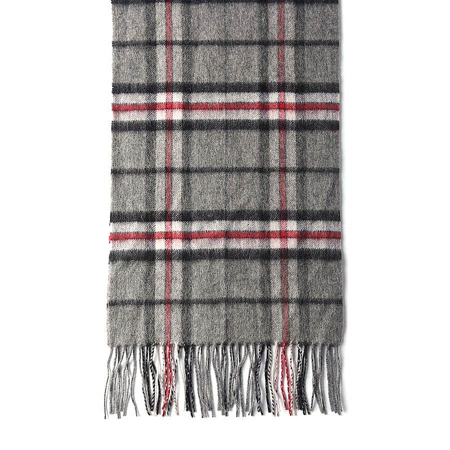 Plaid Pattern 97% Wool Scarf with Fringes (Size 30x170+8cm) - Grey and Red