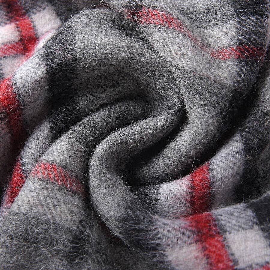 Plaid Pattern 97% Wool Scarf with Fringes (Size 30x170+8cm) - Grey and Red
