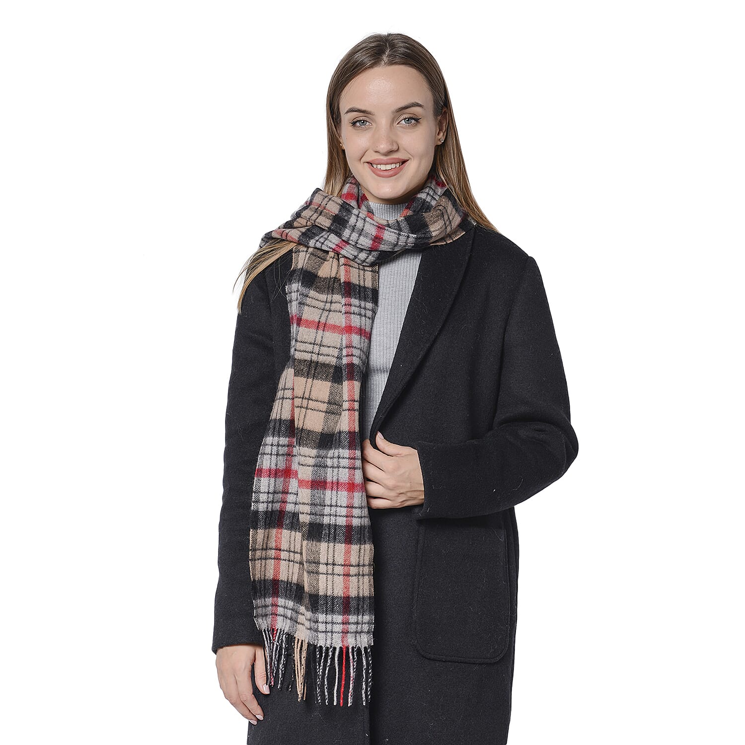 SUPER SOFT Plaid Pattern Wool Scarf with Fringes (Size 30x170+8cm) - Black and Brown