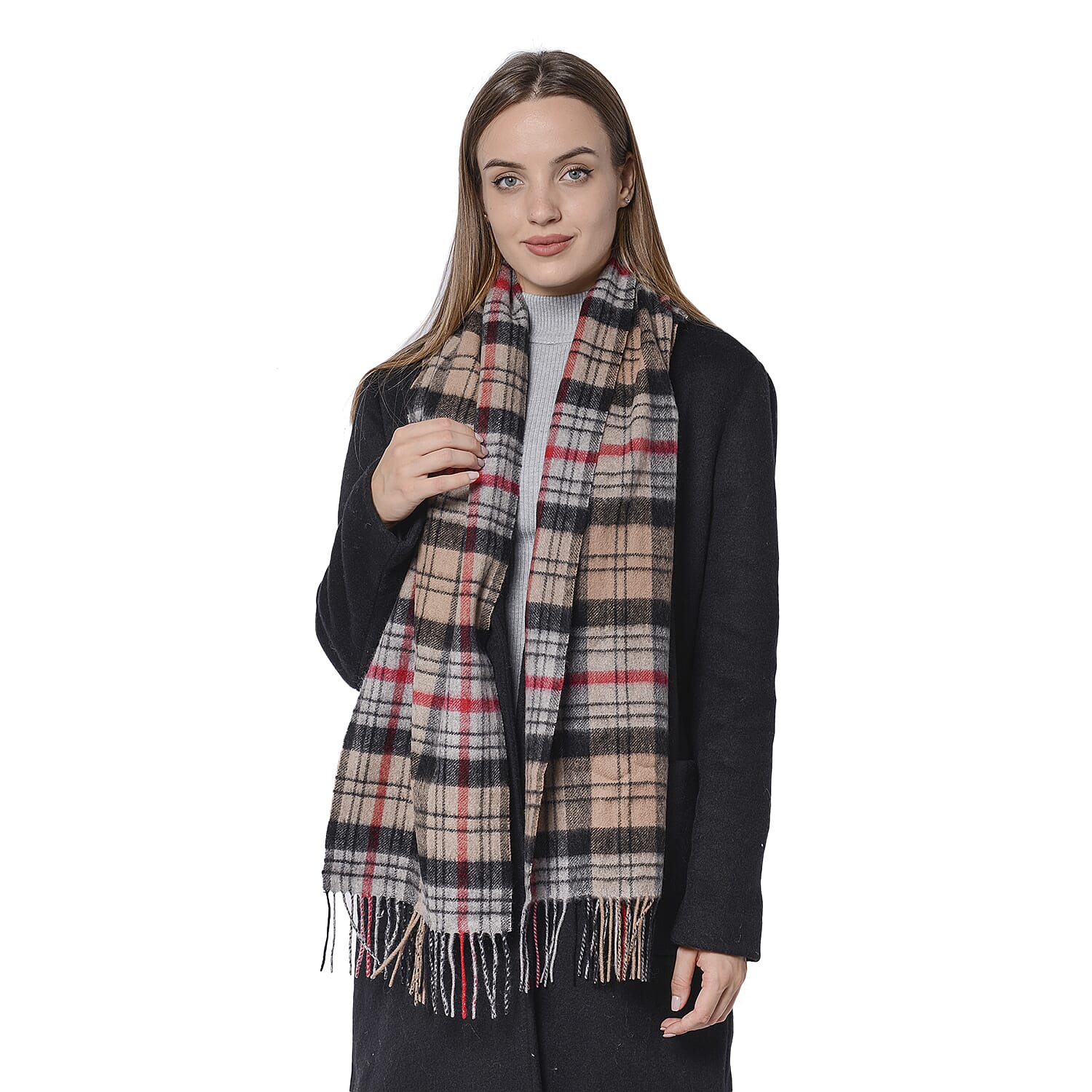 SUPER SOFT Plaid Pattern Wool Scarf with Fringes (Size 30x170+8cm) - Black and Brown