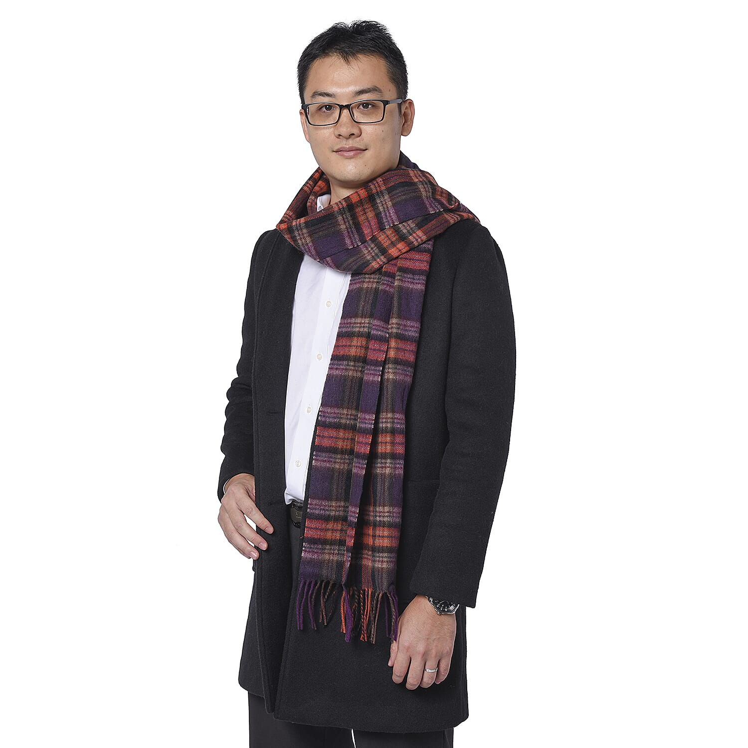 Plaid Pattern 97%Wool Scarf (Size 30x167+8cm) - Black and Orange