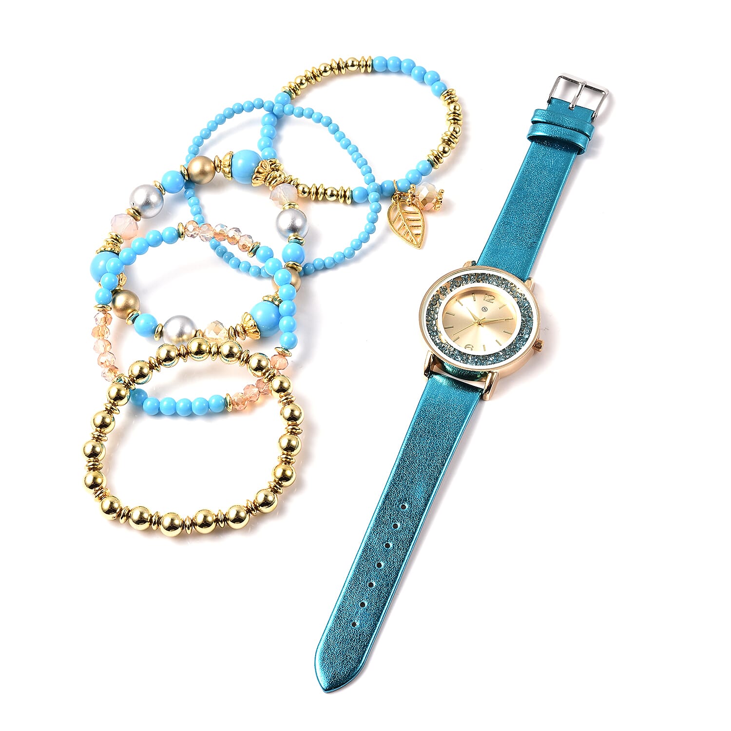 6 Piece Set - STRADA Japanese Movement Moving Blue Austrian Crystal Water Resistant Watch with Blue Strap and Set of 5 Adjustable Bracelet (Size 6.5-7.5) in Gold Tone