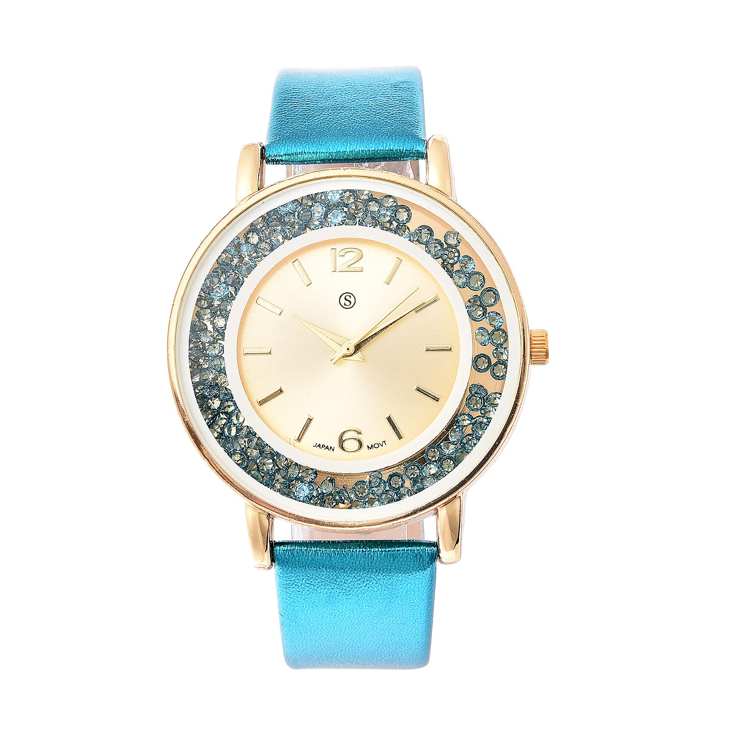 6 Piece Set - STRADA Japanese Movement Moving Blue Austrian Crystal Water Resistant Watch with Blue Strap and Set of 5 Adjustable Bracelet (Size 6.5-7.5) in Gold Tone