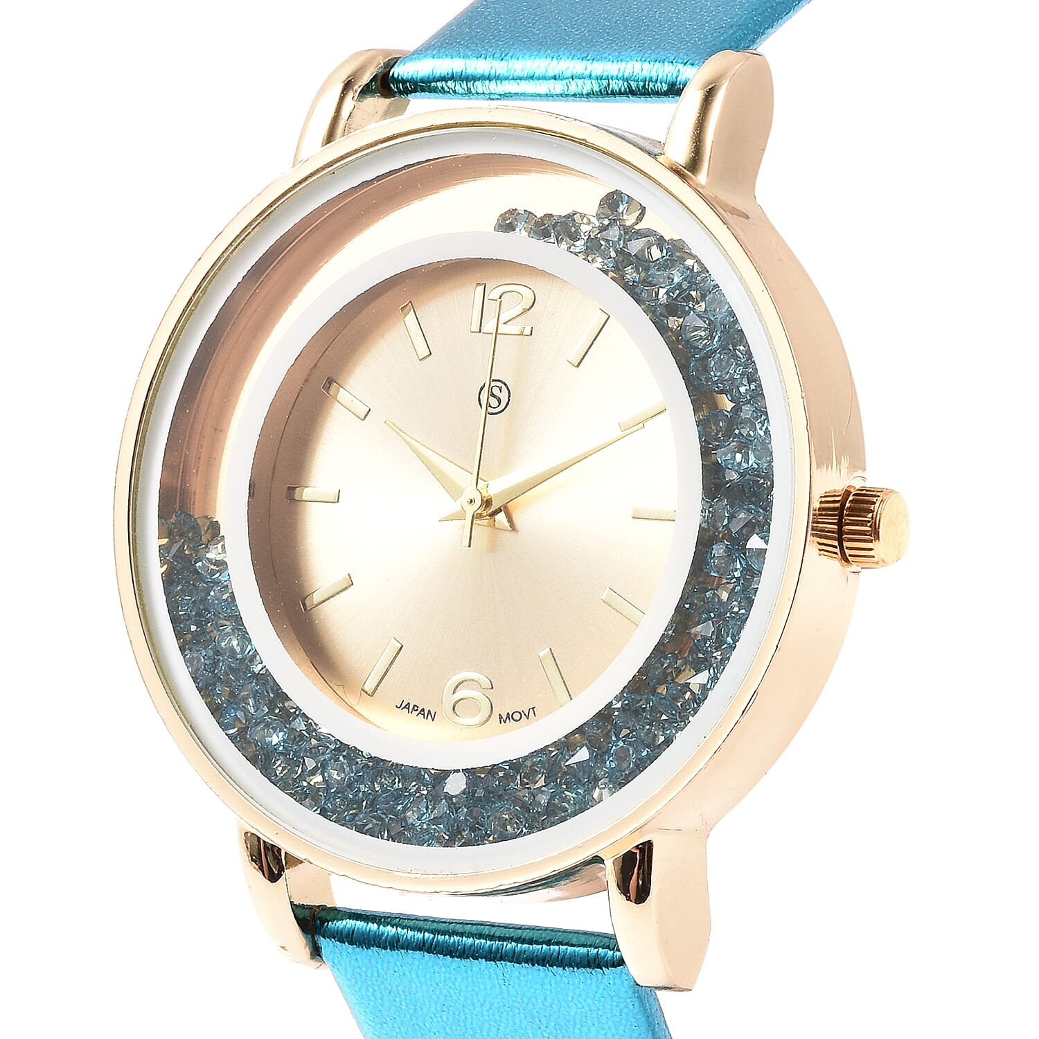 6 Piece Set - STRADA Japanese Movement Moving Blue Austrian Crystal Water Resistant Watch with Blue Strap and Set of 5 Adjustable Bracelet (Size 6.5-7.5) in Gold Tone