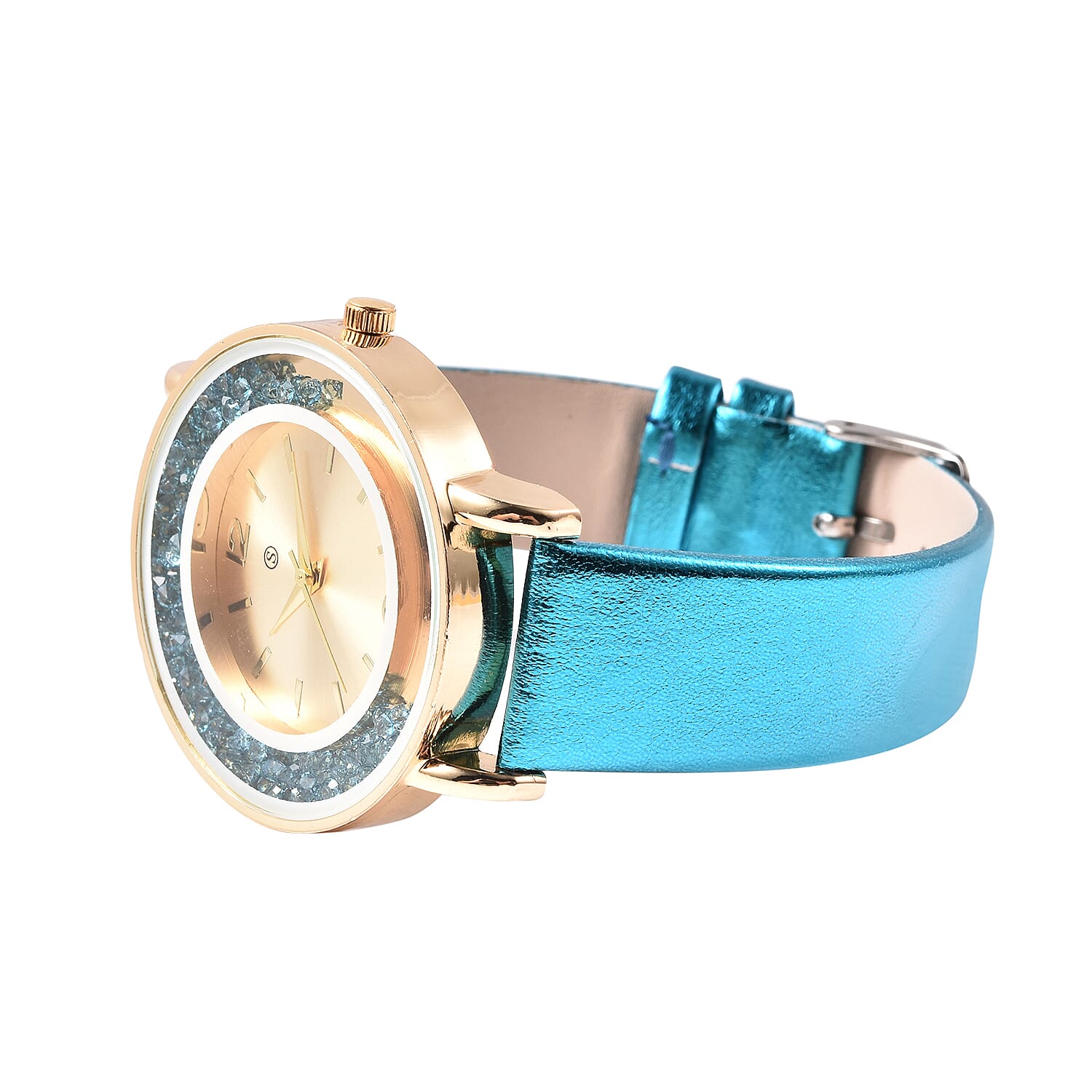 6 Piece Set - STRADA Japanese Movement Moving Blue Austrian Crystal Water Resistant Watch with Blue Strap and Set of 5 Adjustable Bracelet (Size 6.5-7.5) in Gold Tone