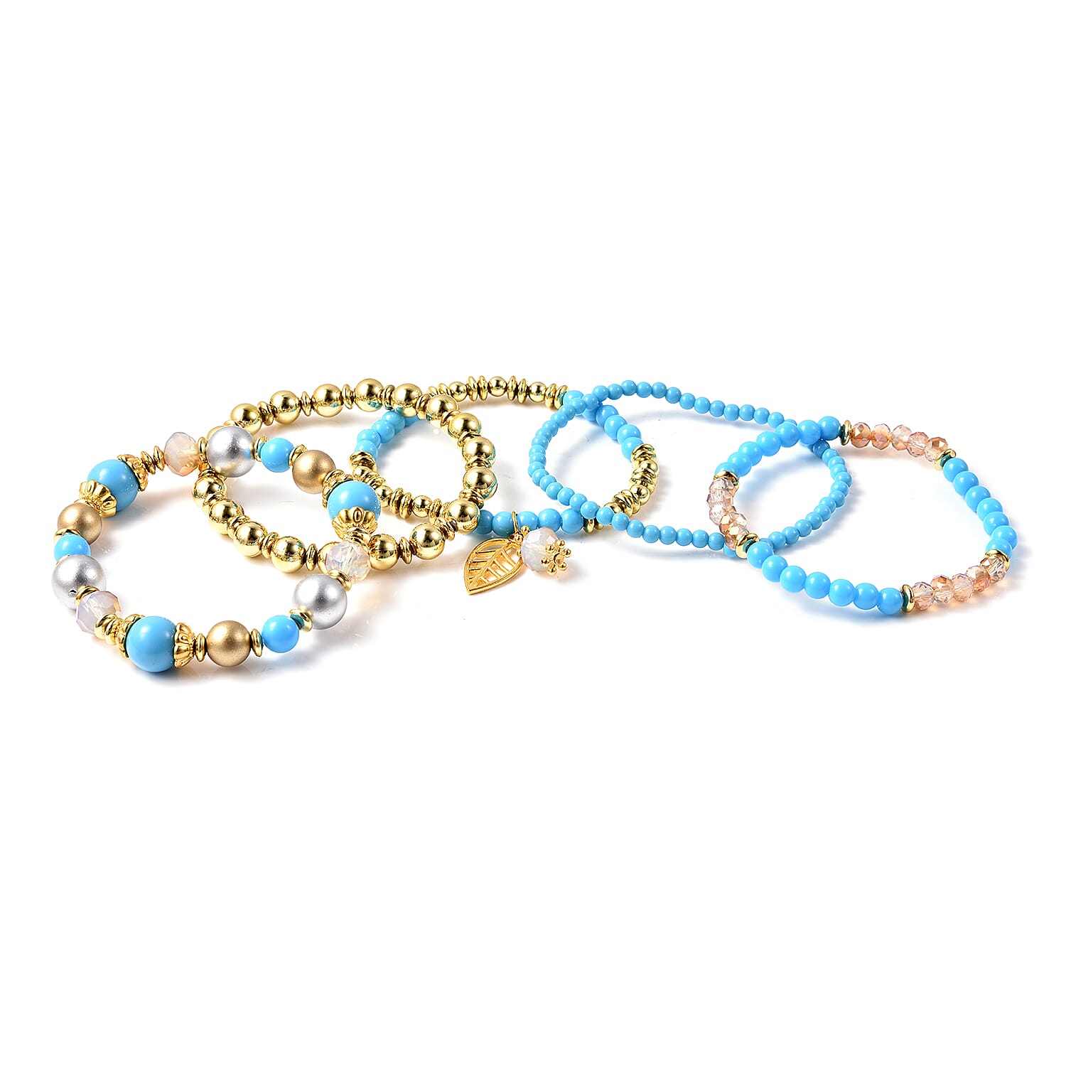 6 Piece Set - STRADA Japanese Movement Moving Blue Austrian Crystal Water Resistant Watch with Blue Strap and Set of 5 Adjustable Bracelet (Size 6.5-7.5) in Gold Tone