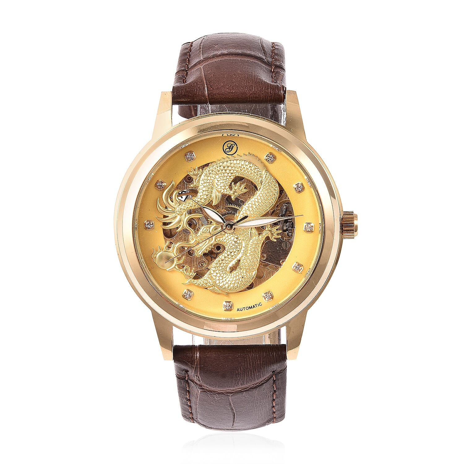GENOA Automatic Movement White Austrian Crystal Studded Golden Dial Water Resistant Dragon Skeleton Watch in Dual Tone with Brown Leather Strap