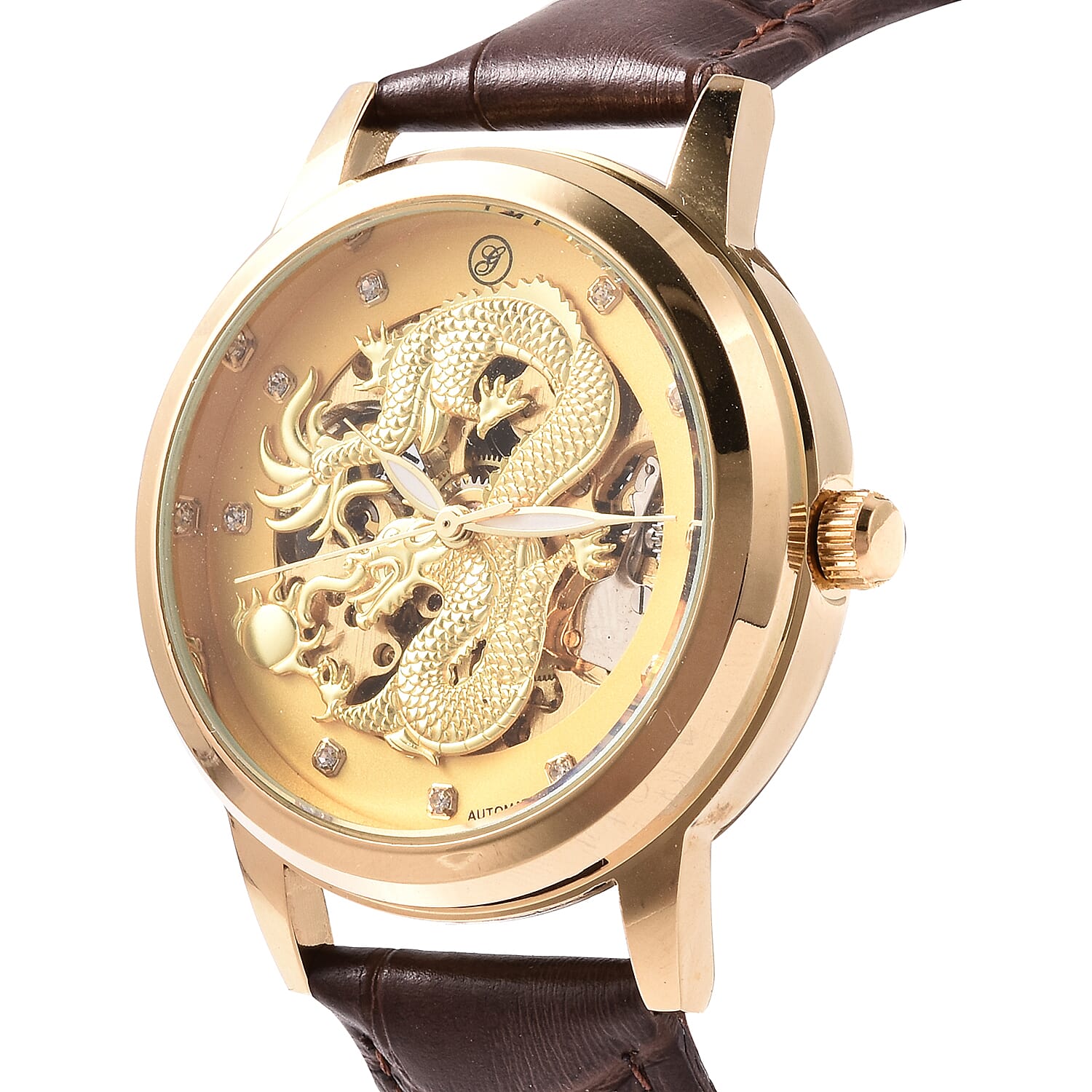GENOA Automatic Movement White Austrian Crystal Studded Golden Dial Water Resistant Dragon Skeleton Watch in Dual Tone with Brown Leather Strap