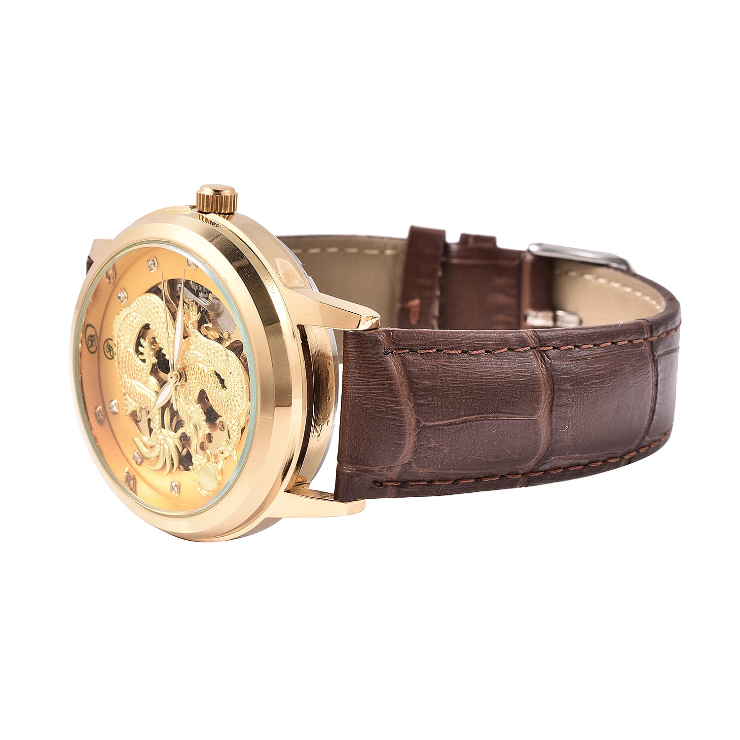 GENOA Automatic Movement White Austrian Crystal Studded Golden Dial Water Resistant Dragon Skeleton Watch in Dual Tone with Brown Leather Strap