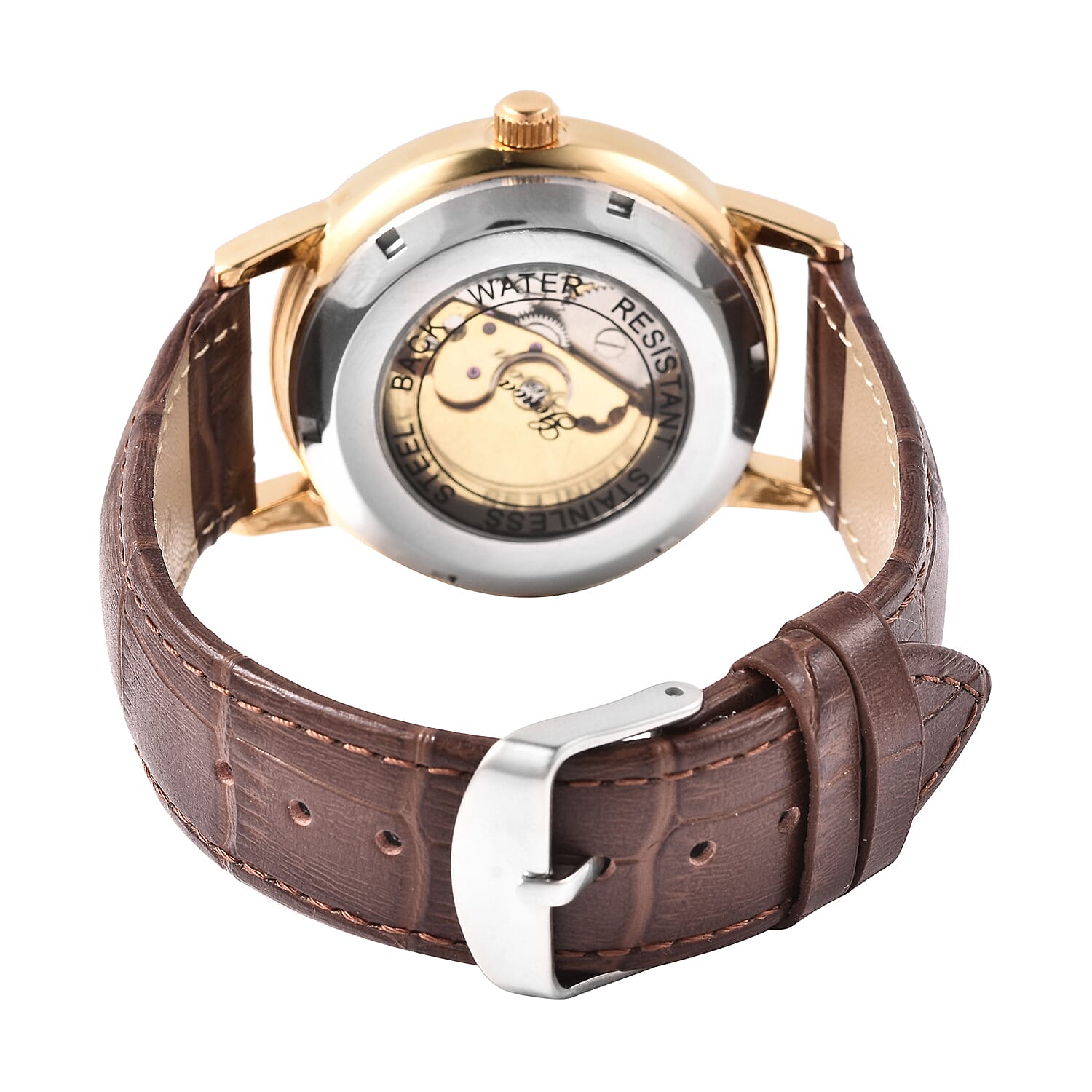 GENOA Automatic Movement White Austrian Crystal Studded Golden Dial Water Resistant Dragon Skeleton Watch in Dual Tone with Brown Leather Strap