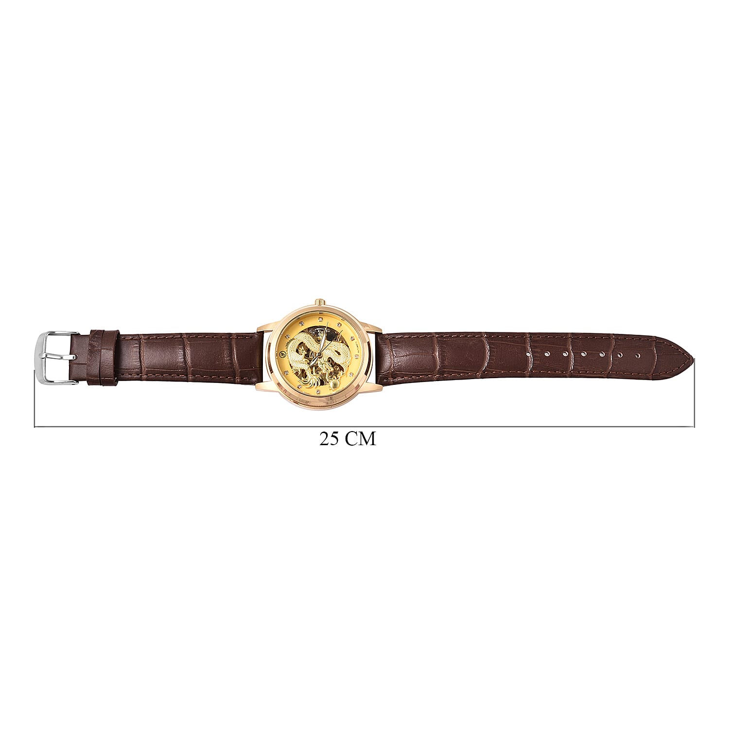 GENOA Automatic Movement White Austrian Crystal Studded Golden Dial Water Resistant Dragon Skeleton Watch in Dual Tone with Brown Leather Strap