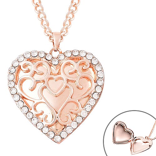 White Austrian Crystal Heart Locket Necklace (Size 20 with Extender) in Rose Gold Tone