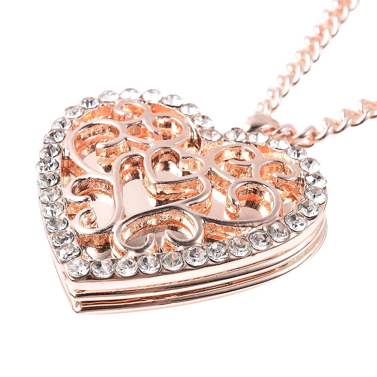 White Austrian Crystal Heart Locket Necklace (Size 20 with Extender) in Rose Gold Tone