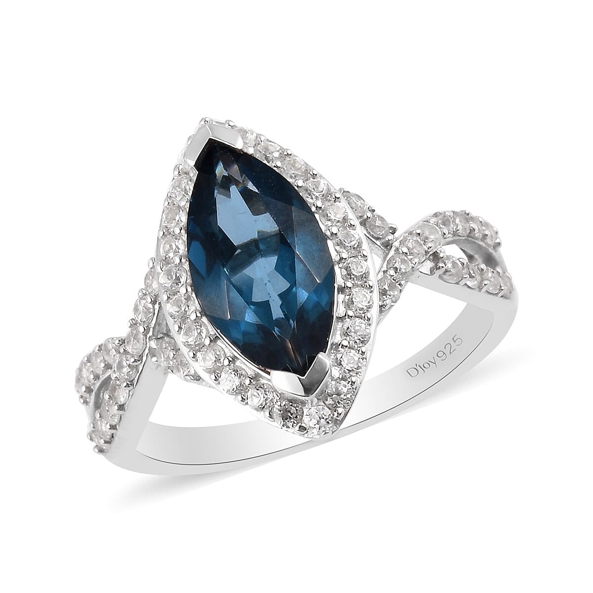 London Blue Topaz and Natural Cambodian Zircon Marquise Ring in Platinum Overlay Sterling Silver 2.75 Ct.