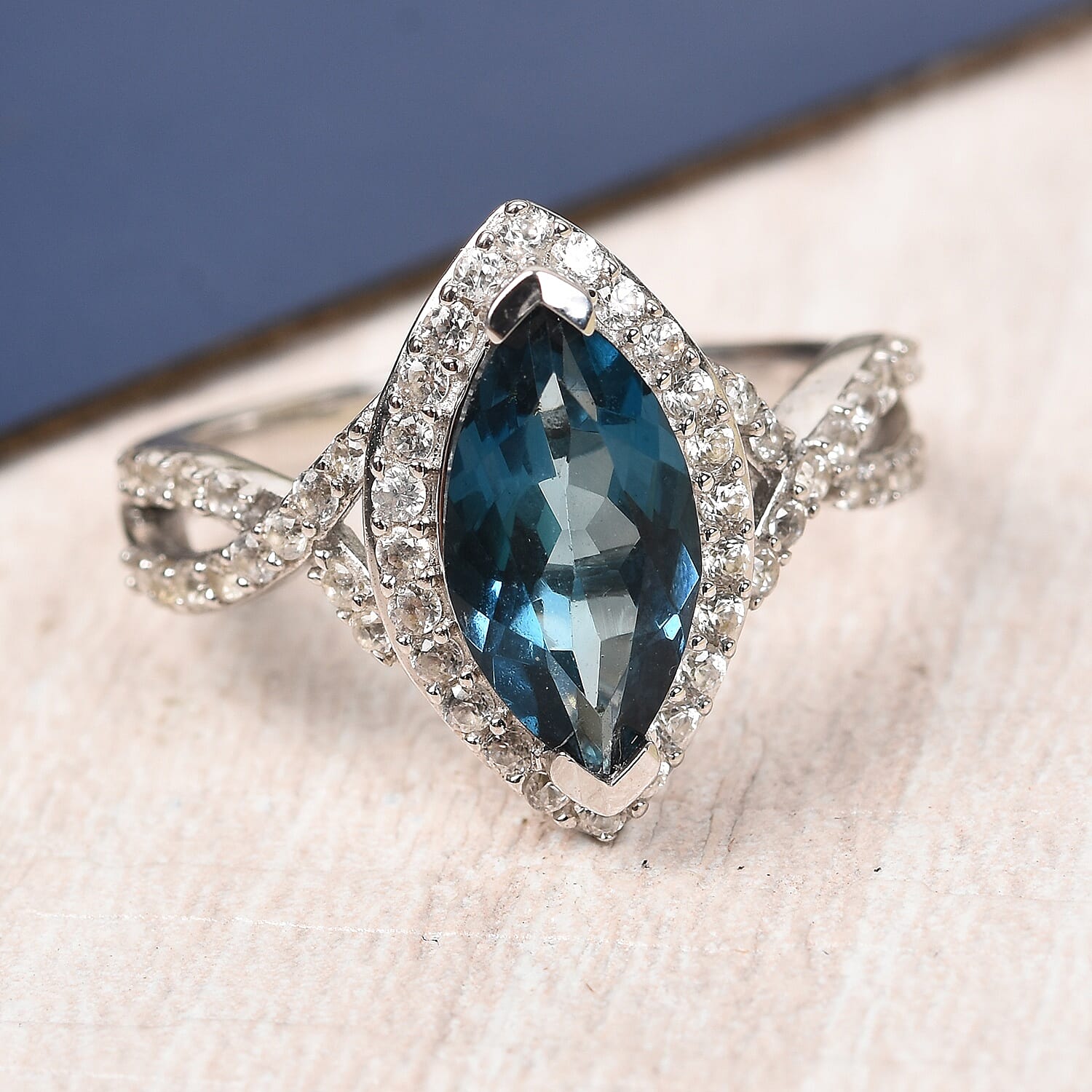 London Blue Topaz and Natural Cambodian Zircon Marquise Ring in Platinum Overlay Sterling Silver 2.75 Ct.