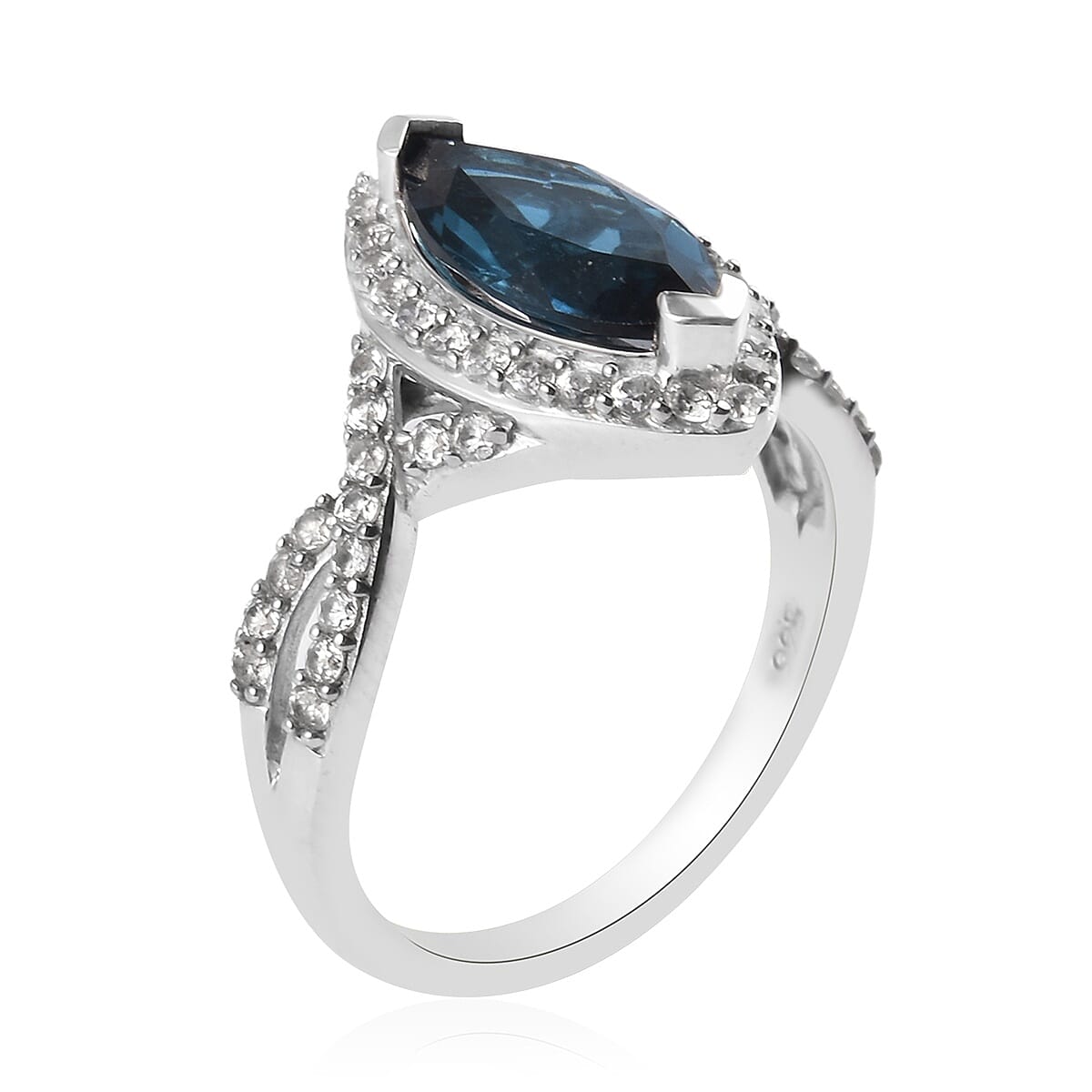 London Blue Topaz and Natural Cambodian Zircon Marquise Ring in Platinum Overlay Sterling Silver 2.75 Ct.