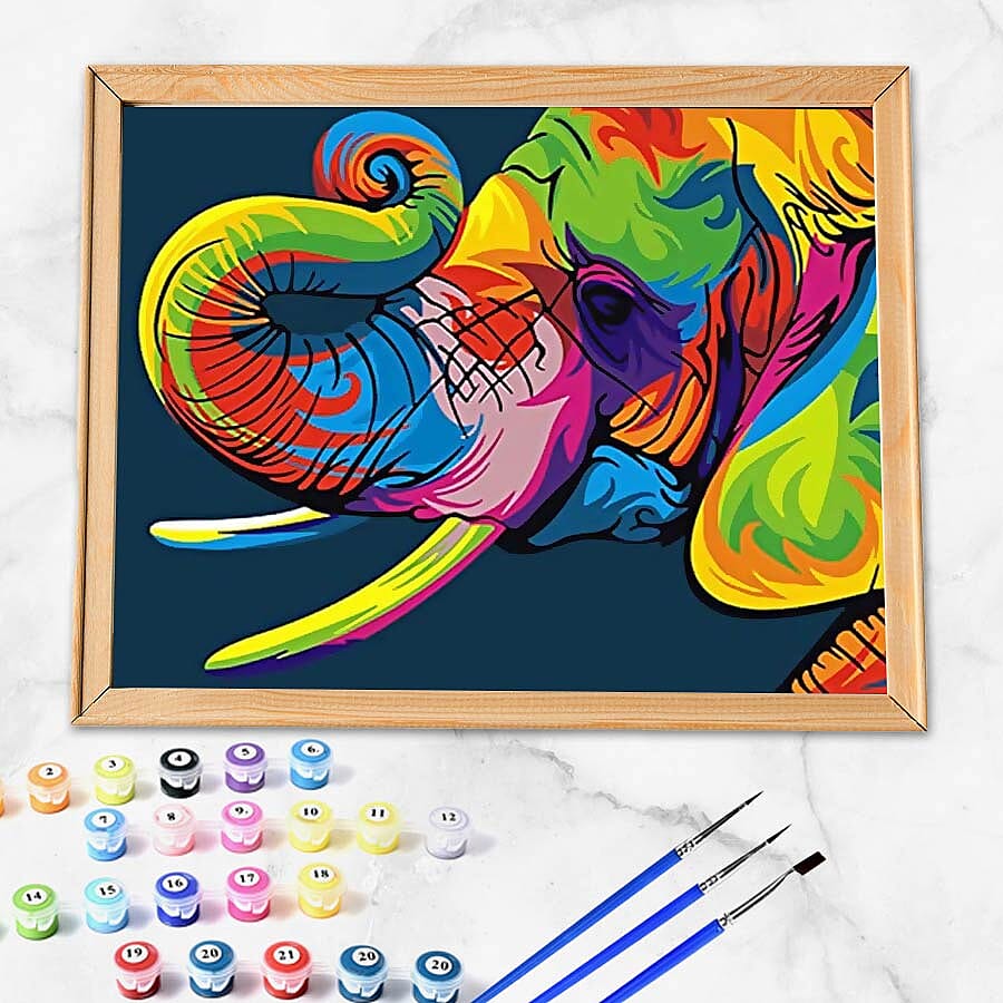 Colourful Elephant Painting by Numbers kit (Includes 1 Piece Pre-printed textured art canvas, 3 Paintbrush, Paint and Pins) (Size 40x50cm)