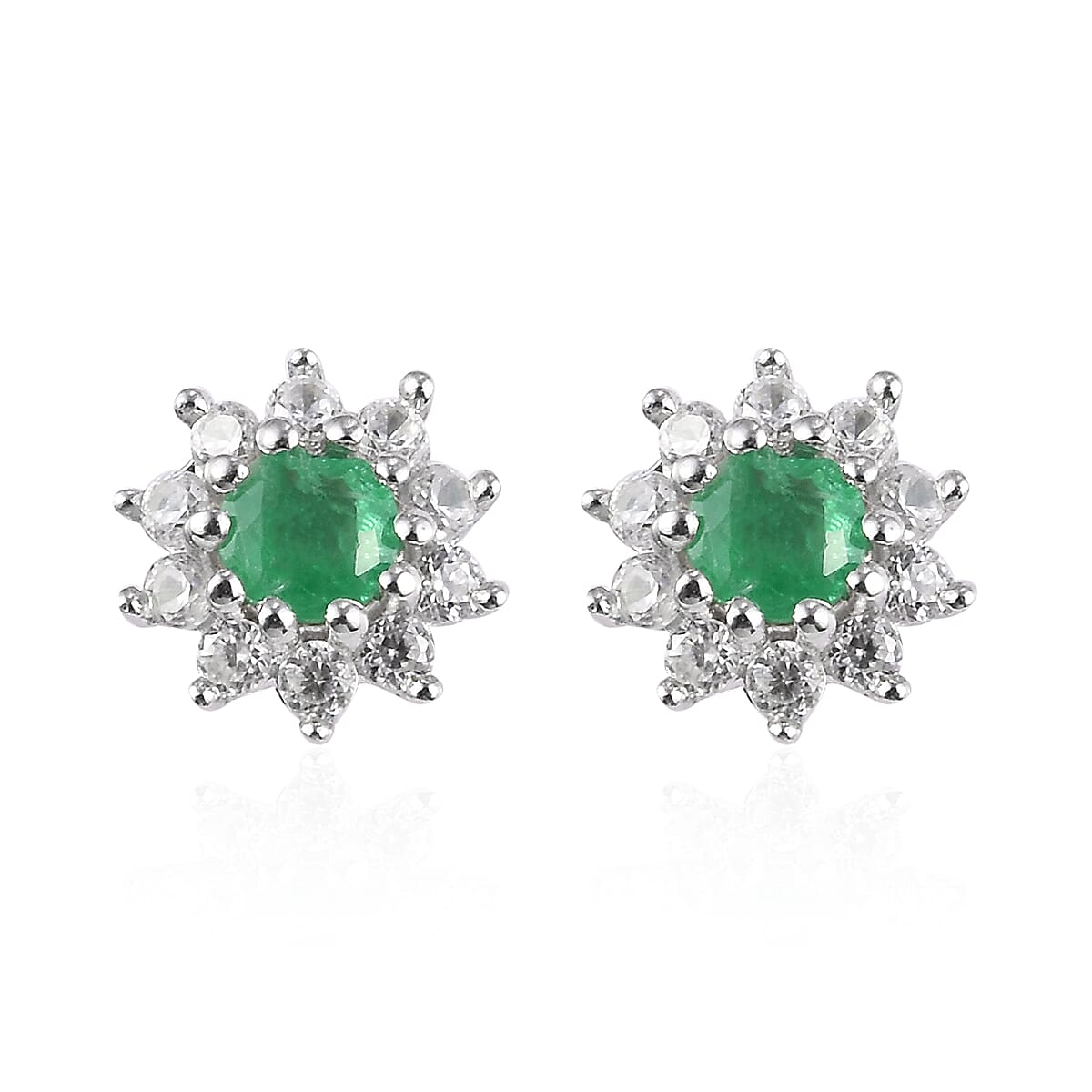 Premium Emerald and Natural Cambodian Zircon Stud Earrings (with Push Back) in Platinum Overlay Sterling Silver