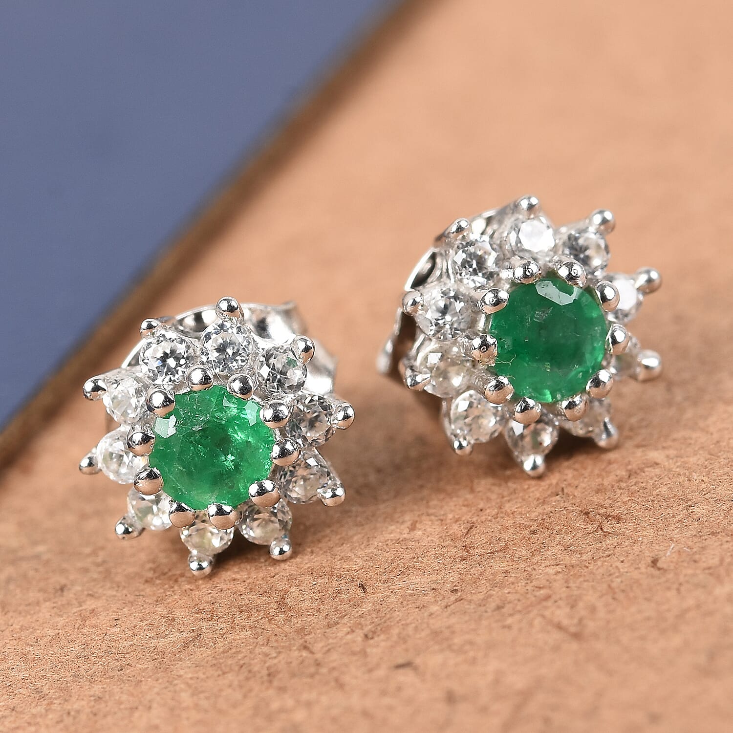 Premium Emerald and Natural Cambodian Zircon Stud Earrings (with Push Back) in Platinum Overlay Sterling Silver