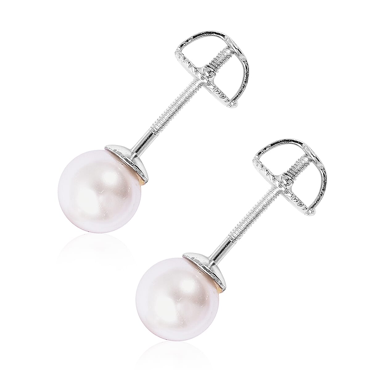 Japanese Akoya Pearl Ball Stud Earrings (with Screw Back) in Rhodium Overlay Sterling Silver