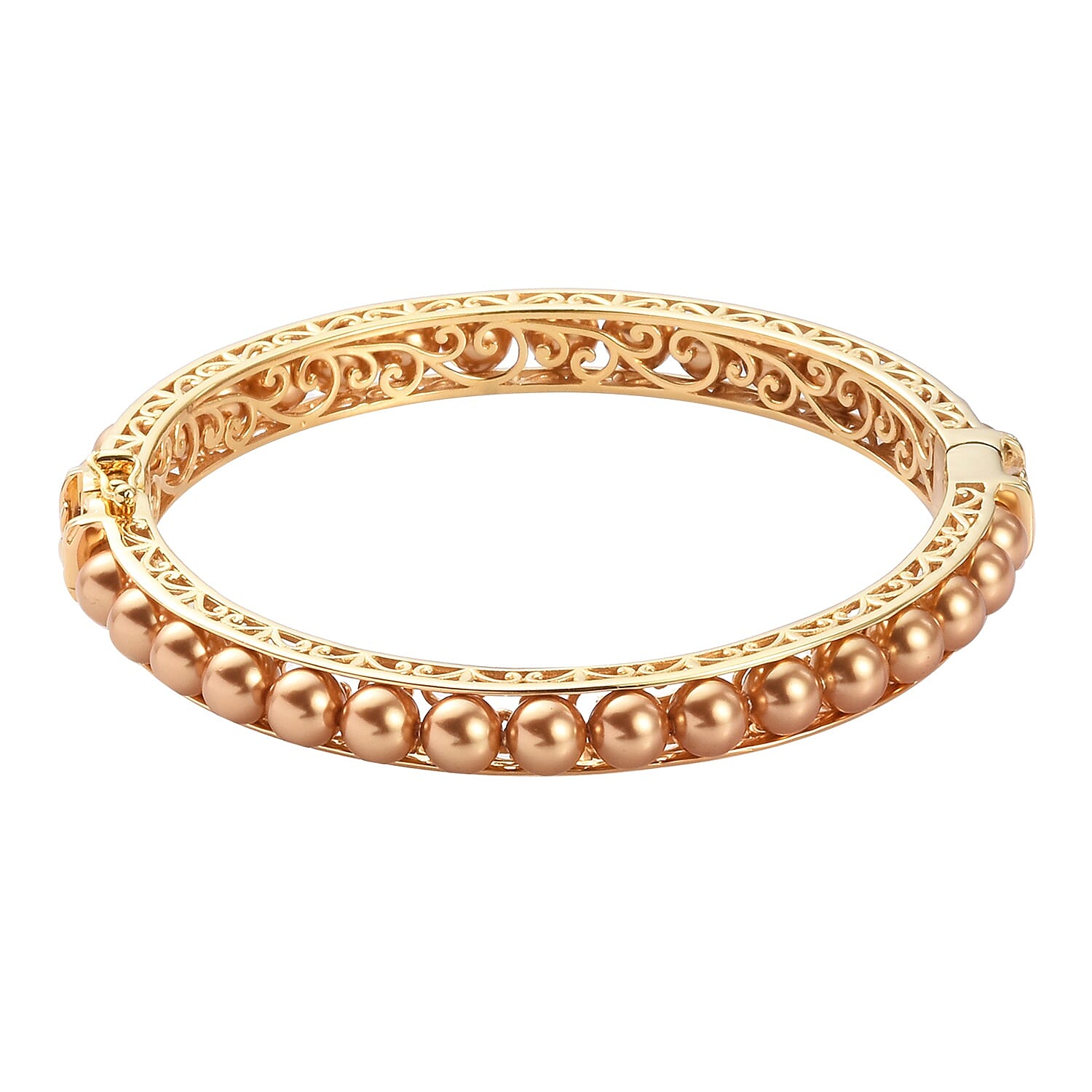 Lustro Stella Bright Gold Pearl Crystal Ball Bangle (Size 7.5) with Magnetic Clasp Lock in 18K Yellow Gold Tone