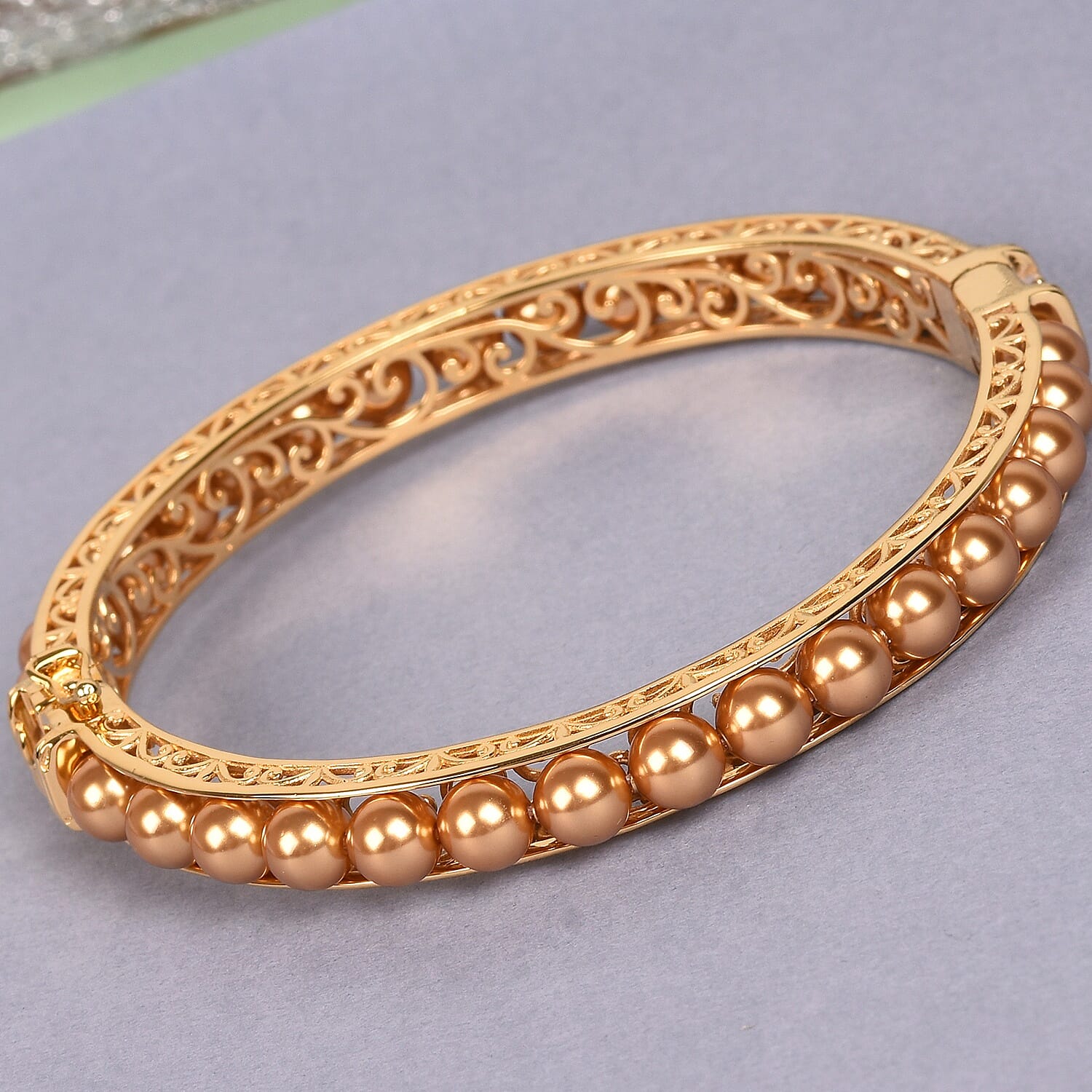 Lustro Stella Bright Gold Pearl Crystal Ball Bangle (Size 7.5) with Magnetic Clasp Lock in 18K Yellow Gold Tone