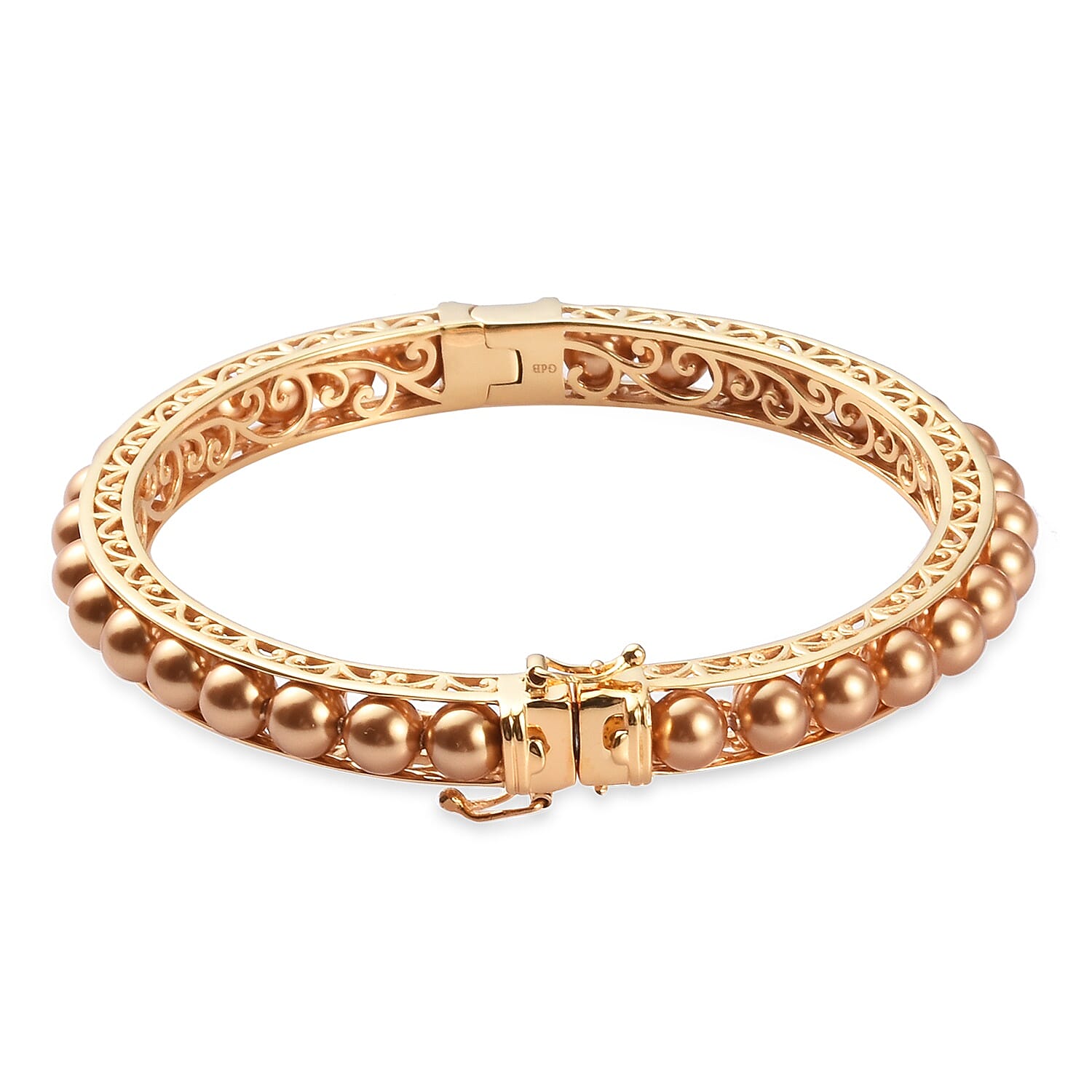 Lustro Stella Bright Gold Pearl Crystal Ball Bangle (Size 7.5) with Magnetic Clasp Lock in 18K Yellow Gold Tone